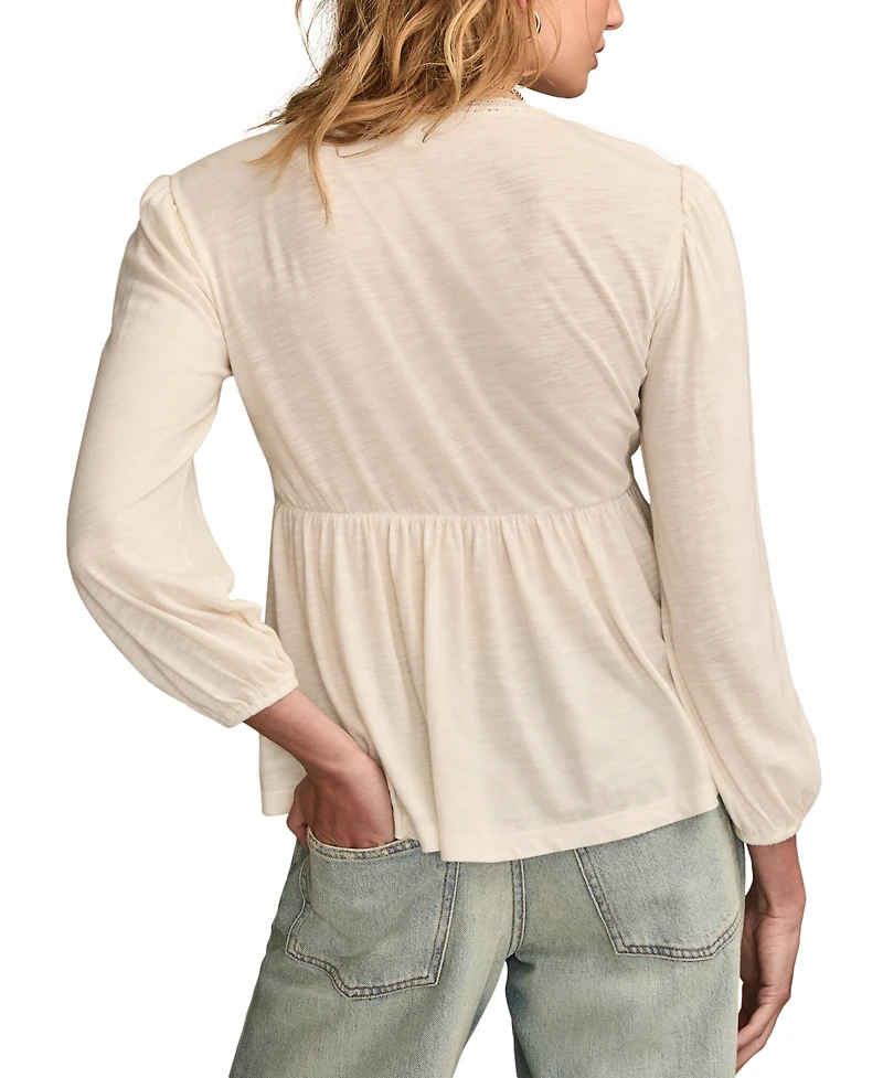Lucky Brand Women's Embroidered Yoke Square Neck Top