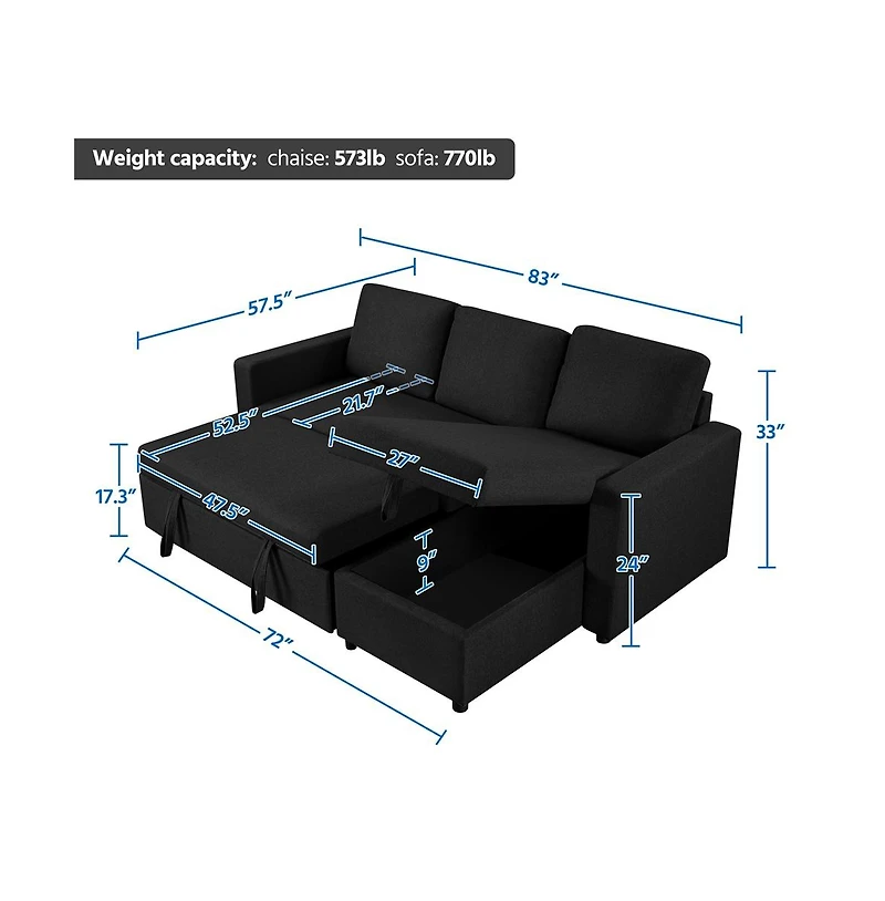 L-Shaped Reversible Sleeper Sectional Sofa with Chaise & Usb Type-c Ports
