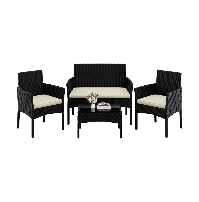 Yaheetech 4-Piece Outdoor Reception Set with 1 2-Seat Sofa, 2 Single-Seat Sofa and 1 Coffee Table, Black/Beige