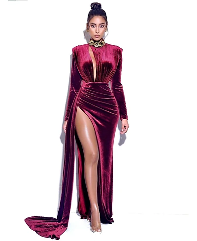 Miss Circle Women Zenaida Burgundy Cutout High Slit Velvet Gown