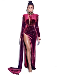 Miss Circle Women Zenaida Burgundy Cutout High Slit Velvet Gown
