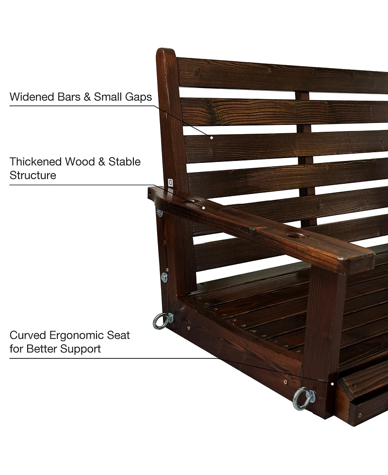 Wooden Porch Swing, Ergonomic Seat, Bench Swing with Hanging Chains and 7mm Springs, Heavy Duty 880 Lbs, for Outdoor Patio Garden Yard (Deep Brown, 3-