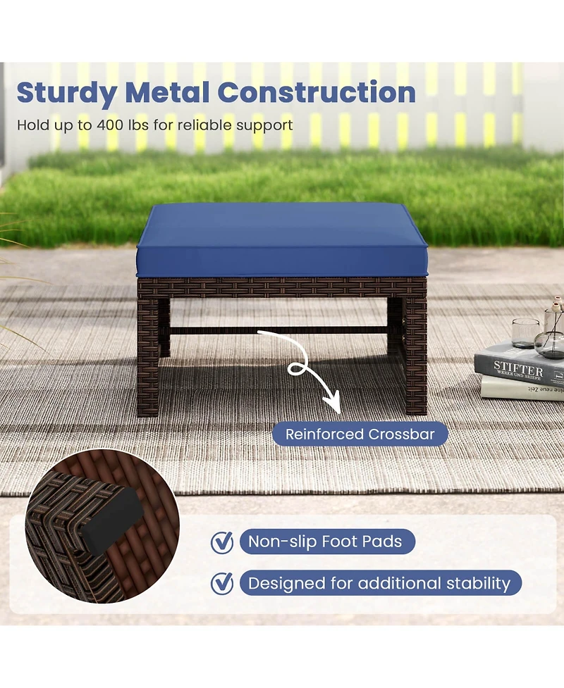 Costway Patio Pe Rattan Ottomans with Soft Zippered Cushions for Deck Outdoor