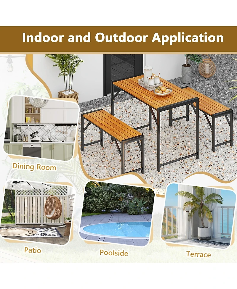 Gymax 3 Pcs Dining Set for 4 People Outdoor Picnic Table & 2 Benches w/ Metal Frame