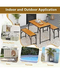 Gymax 3 Pcs Dining Set for 4 People Outdoor Picnic Table & 2 Benches w/ Metal Frame