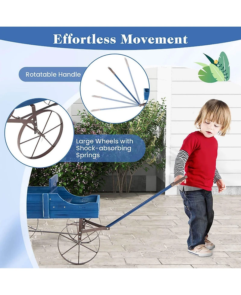 Gymax Patio Wooden Garden Flower Planter Wagon Plant Bed W/ Wheel Garden Yard