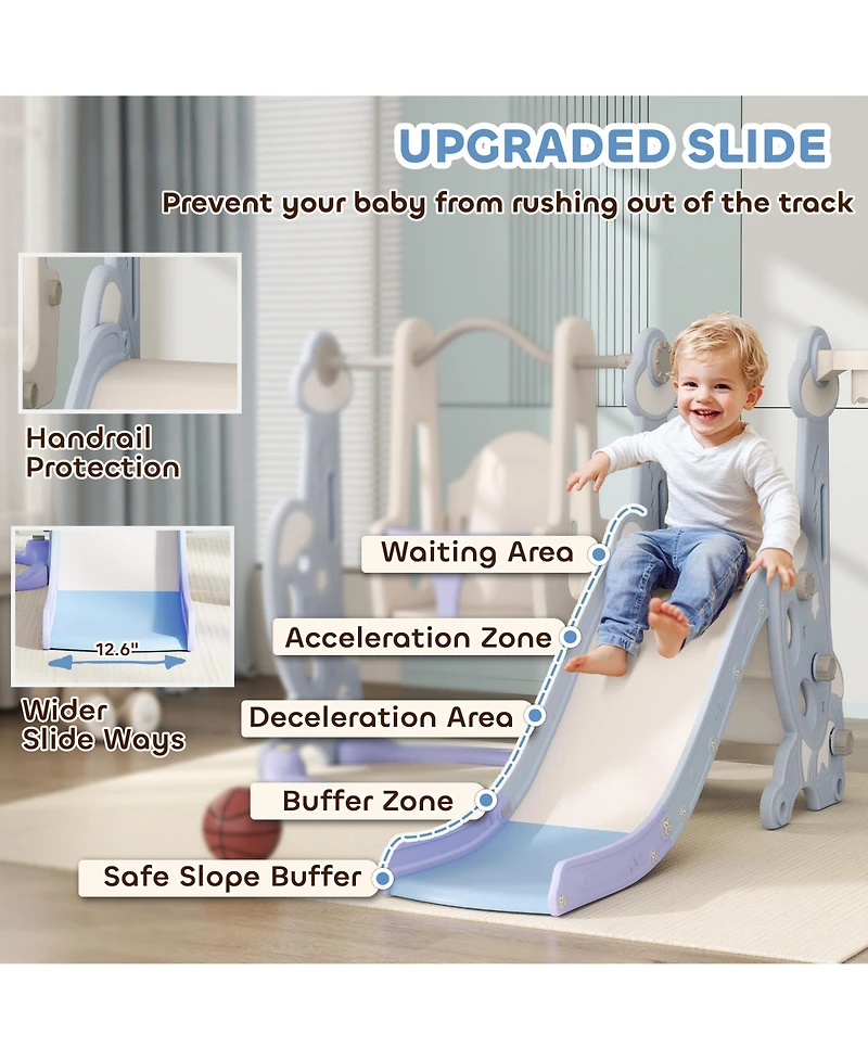Qaba 4 in 1 Toddler Slide and Swing Set w/ Climber, Basketball Hoop,