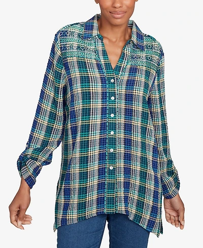 Ruby Rd. Petite Embroidered Plaid Button Down Top