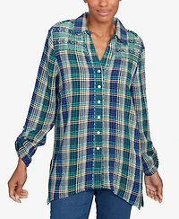 Ruby Rd. Petite Embroidered Plaid Button Down Top