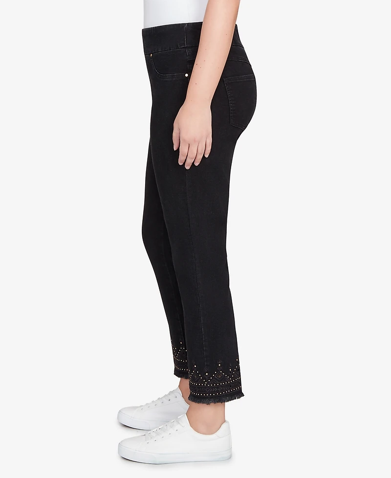 Ruby Rd. Petite Pull On Embroidered Hem Black Ankle Jeans