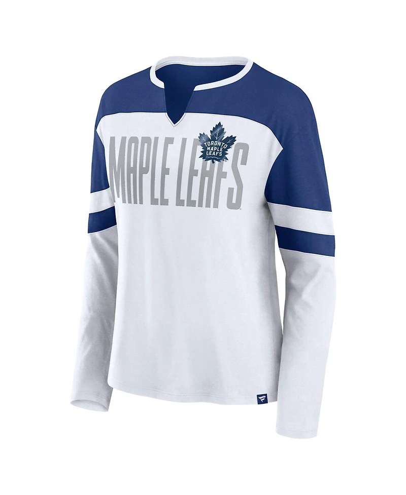 Fanatics Women's White/Blue Toronto Maple Leaf's Frozen Long Sleeve Notch Neck T-Shirt