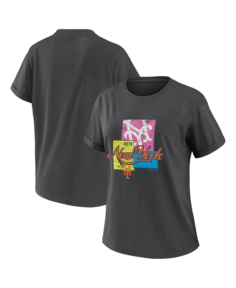 Wear by Erin Andrews Women's Charcoal New York Mets Domestic Box Color Boyfriend T-Shirt