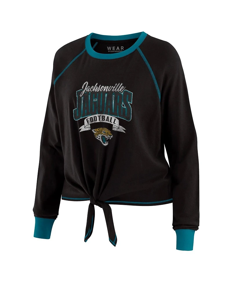 Wear by Erin Andrews Women's Black/Teal Jacksonville Jaguars Tie-Front Long Sleeve Top