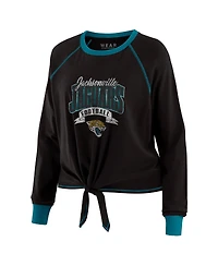 Wear by Erin Andrews Women's Black/Teal Jacksonville Jaguars Tie-Front Long Sleeve Top