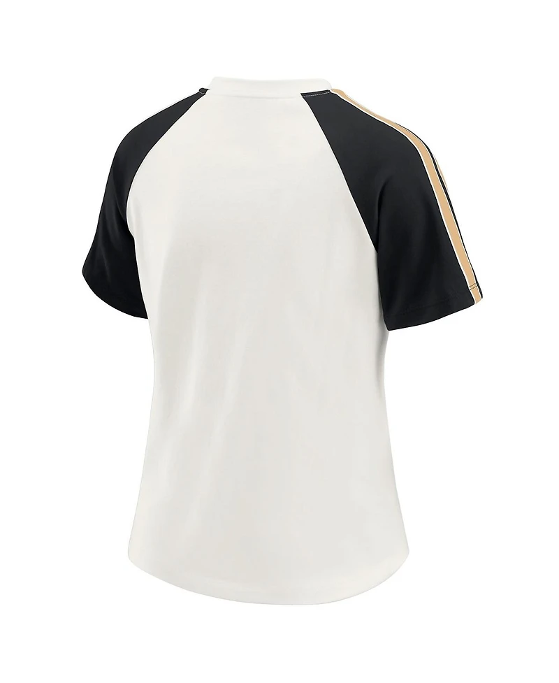Wear by Erin Andrews Women's White New Orleans Saints Sleeve Stripe Distressed Raglan T-Shirt