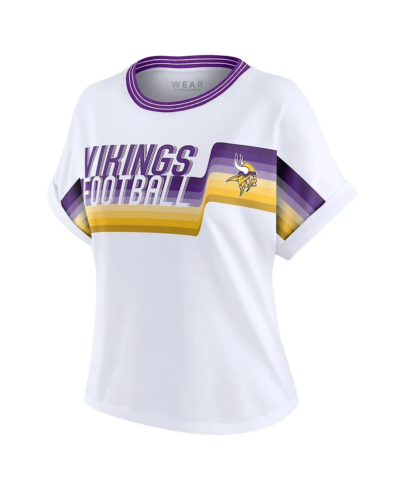 Wear by Erin Andrews Women's White Minnesota Vikings Cropped Center Stripe Dolman T-Shirt