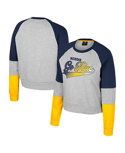 Colosseum Women's Heather Gray Michigan Wolverines Katinka Rhinestone Scoop Neck Pullover Sweatshirt