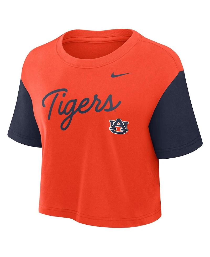 Nike Women's Orange/Navy Auburn Tigers Color-Block Script Cropped T-Shirt