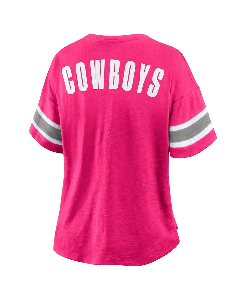 Fanatics Women's Pink Dallas Cowboys Redzone Bling Stripe Sleeve Notch Neck T-Shirt