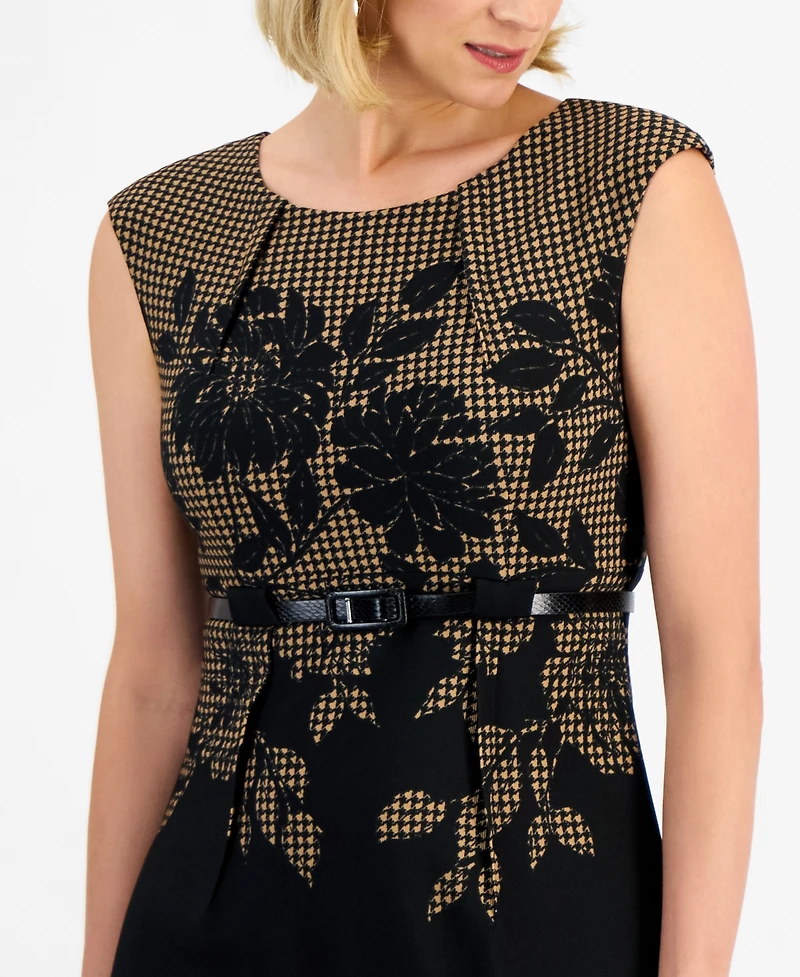Connected Women's Ottoman Round-Neck Cut-Out Belted Dress