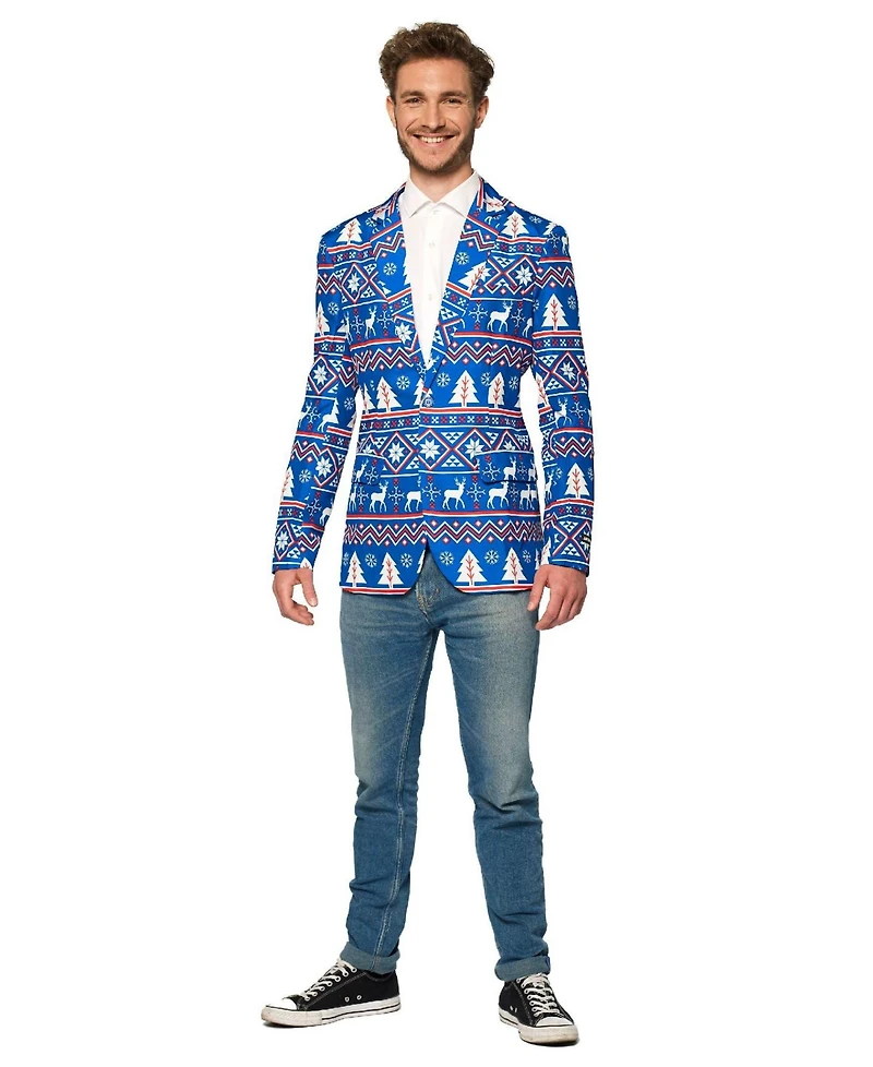 Suitmeister Men's Blue Christmas Blazer - Ugly X- Mas Holiday Festive Nordic Print White