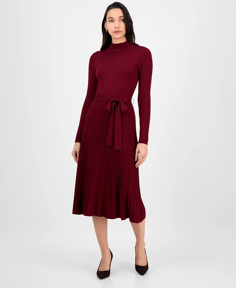 Sandra Darren Women's Tie-Front Pleated Mock-Neck Sweater Dress