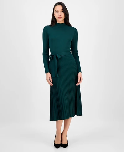 Sandra Darren Women's Tie-Front Pleated Mock-Neck Sweater Dress