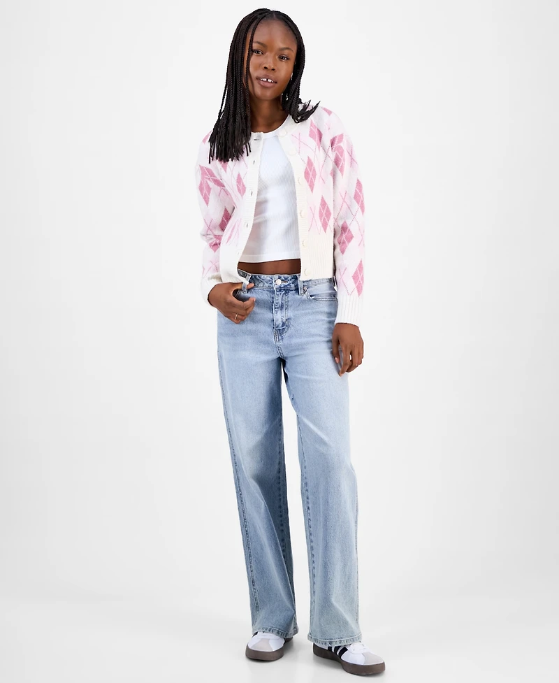 Hooked Up by Iot Juniors' Argyle Crewneck High-Rib Cardigan