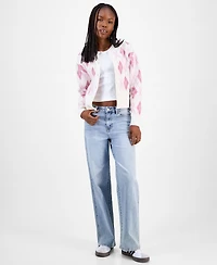 Hooked Up by Iot Juniors' Argyle Crewneck High-Rib Cardigan