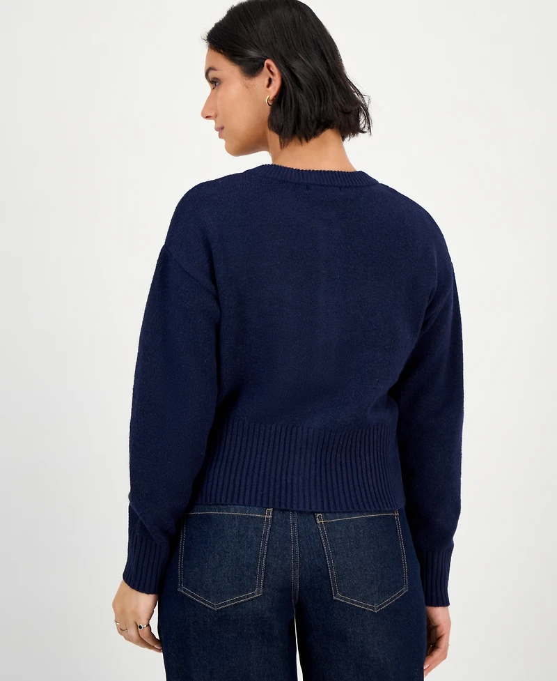 Hooked Up by Iot Juniors' Heart-Embroidered Crewneck Cardigan