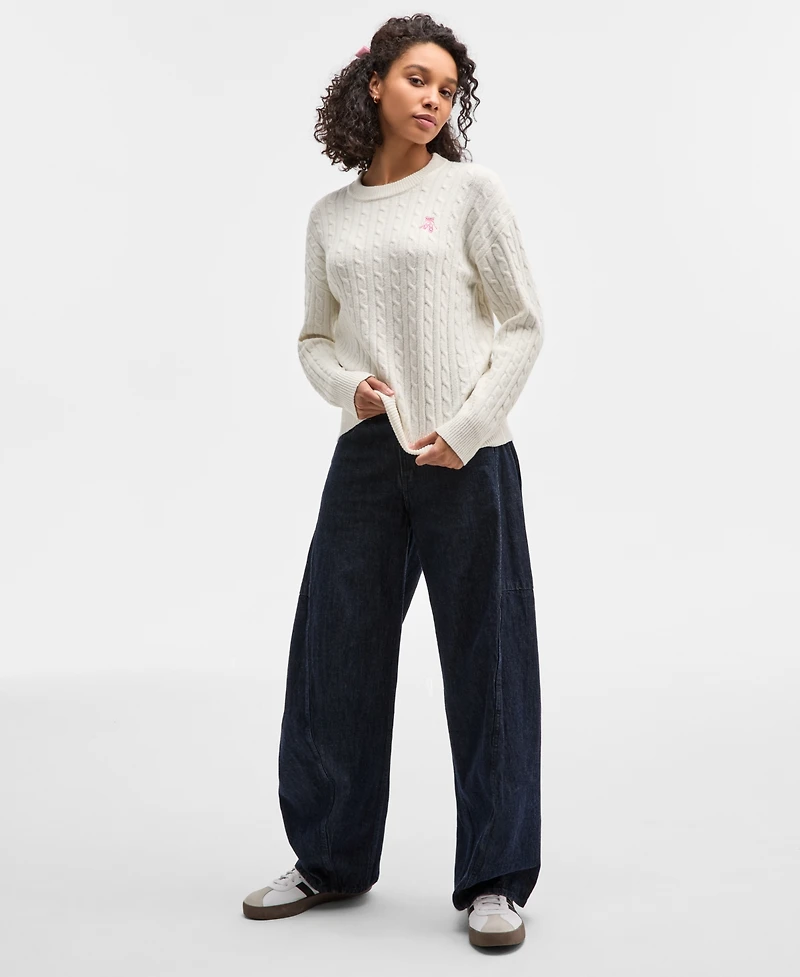 Hooked Up by Iot Juniors' Cable-Knit Ballet Slipper Embroidered Sweater