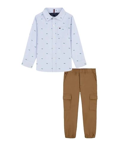 Tommy Hilfiger Toddler Boys 2-Piece Chambray Trim Printed Shirt and Prewashed Twill Jogger Pants