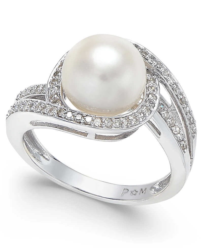 White Cultured Freshwater Pearl (9mm) and Diamond (1/3 ct. t.w.) Swirl Ring in 14k White Gold (Also Available in 14k Yellow Gold & 14k Rose Gold)