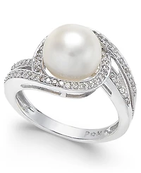 White Cultured Freshwater Pearl (9mm) and Diamond (1/3 ct. t.w.) Swirl Ring in 14k White Gold (Also Available in 14k Yellow Gold & 14k Rose Gold)
