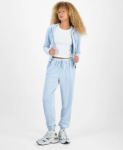 Hippie Rose Juniors' Cable Knit Heart Velour Jogger Pants