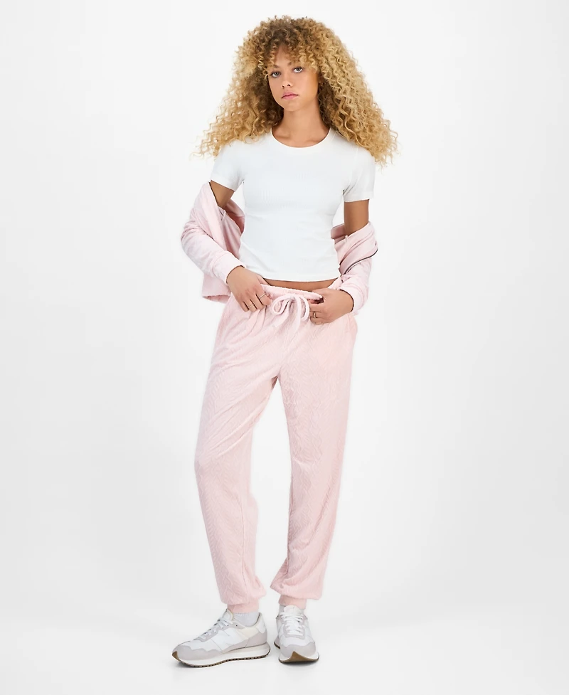 Hippie Rose Juniors' Cable Knit Heart Velour Jogger Pants