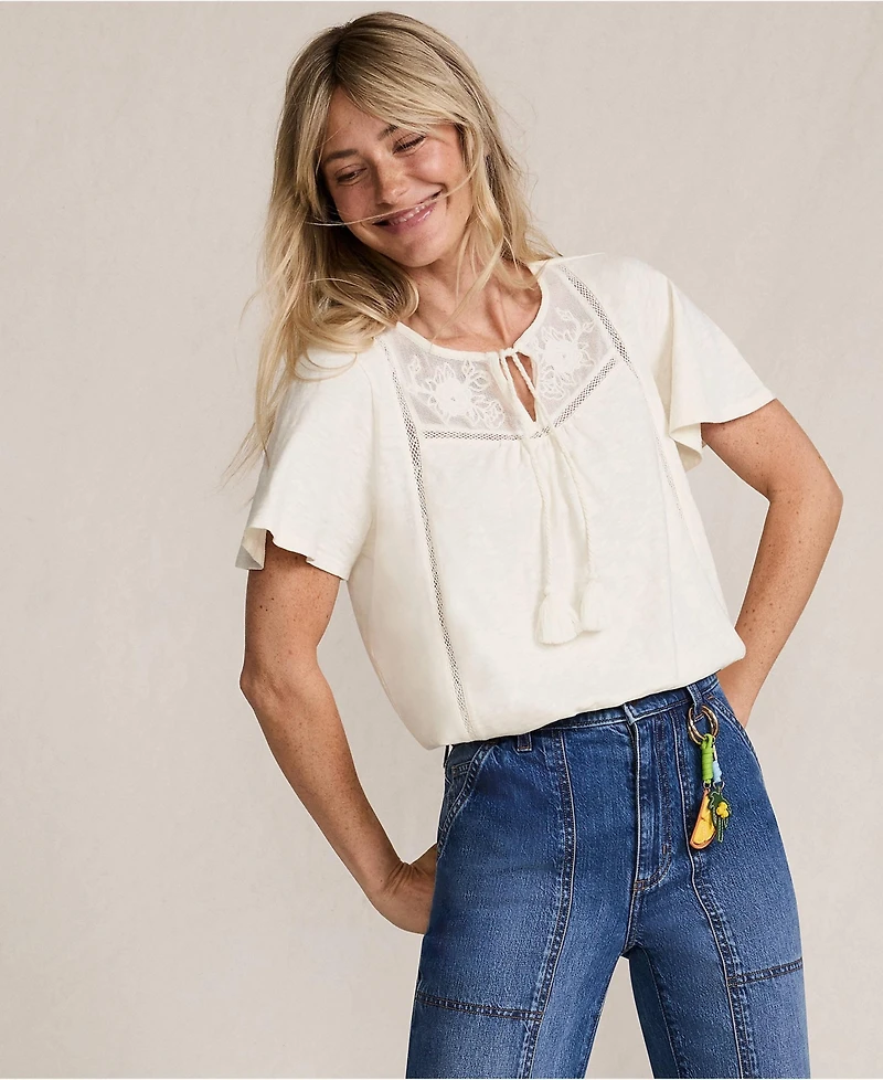 Lands' End Women's Slub Flutter Sleeve Lace Trim Notch Neck Tunic Top