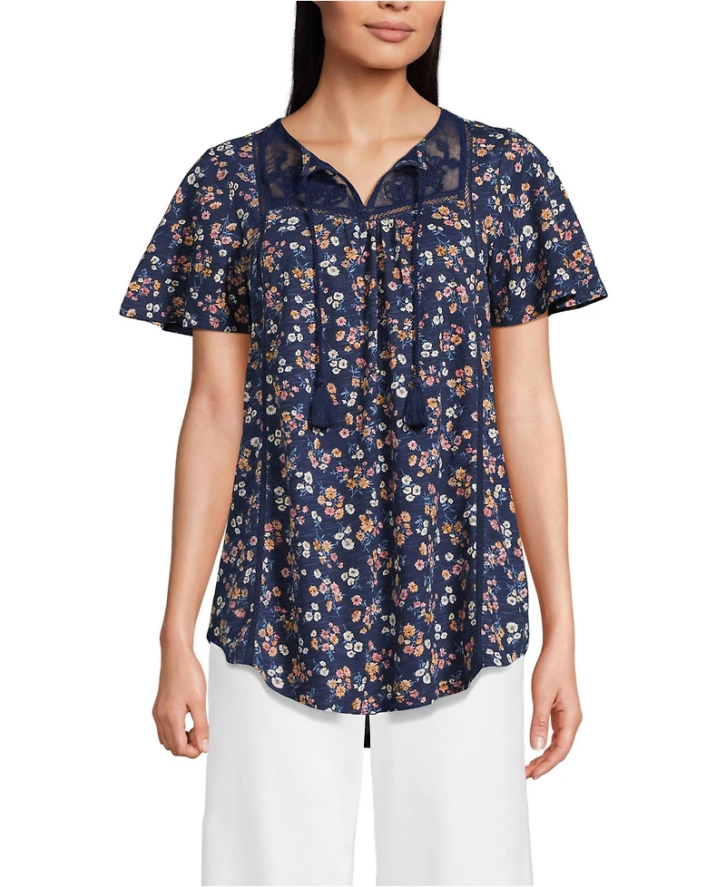 Lands' End Women's Slub Flutter Sleeve Lace Trim Notch Neck Tunic Top