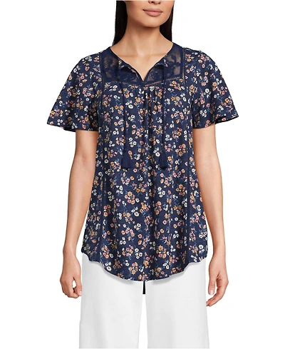 Lands' End Women's Slub Flutter Sleeve Lace Trim Notch Neck Tunic Top