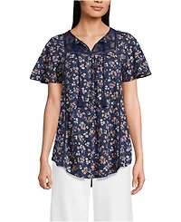 Lands' End Women's Slub Flutter Sleeve Lace Trim Notch Neck Tunic Top