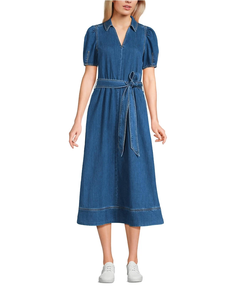 Lands' End Women's Soft Denim Puff Sleeve Midi Dress