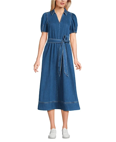 Lands' End Women's Soft Denim Puff Sleeve Midi Dress