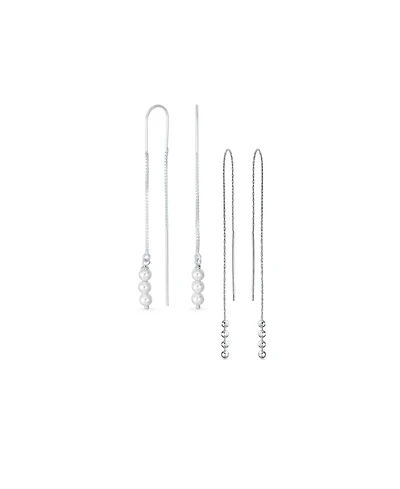 Bling Jewelry Set of 2 Minimalist Long Chain Wire Hook Dangle Earrings 3 Pearls 4 Bead Balls Sterling Silver