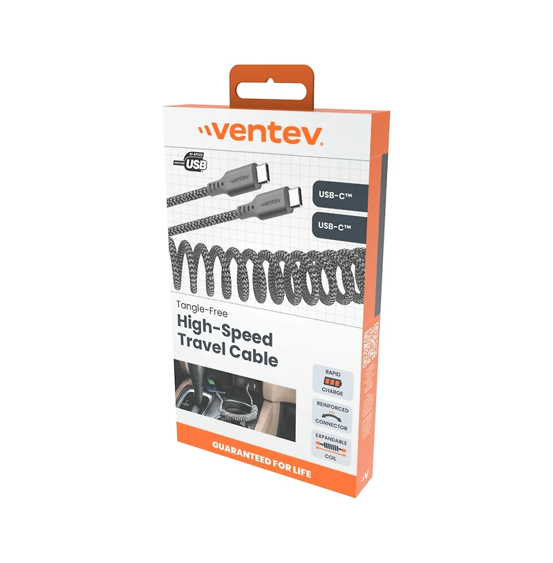 Ventev Helix Usb C to Usb C High Speed Travel 3 Foot Cable-Gray