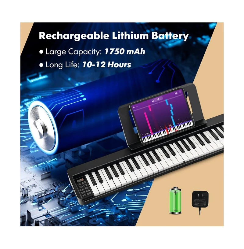 Akiudex 61-Key Foldable Digital Piano with Bag Pedal and Wireless Midi
