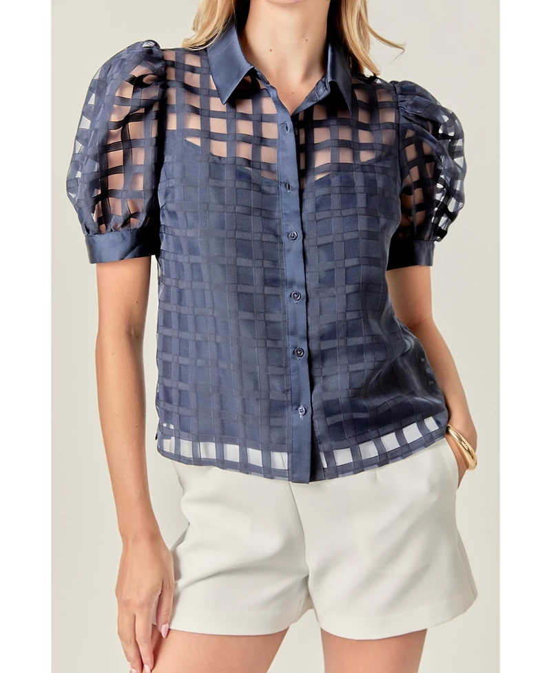 English Factory Women's Short Sleeve Organza Grid Blouse