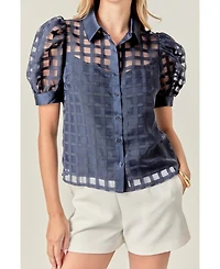 English Factory Women's Short Sleeve Organza Grid Blouse