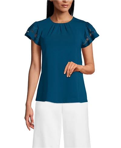 Lands' End Women's Lightweight Jersey Crew Neck Ruffle Sleeve Flowy Top