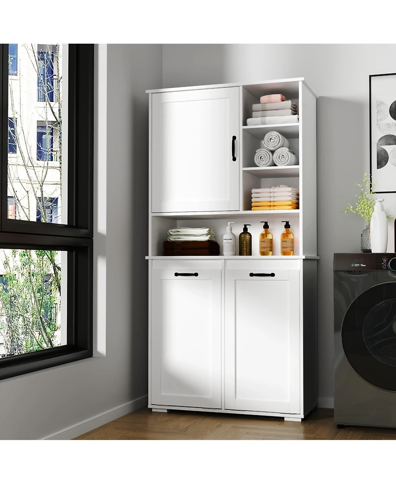 Casainc Laundry Cabinet with Doors, Tilt-Out Hamper, Open and Adjustable Shelves
