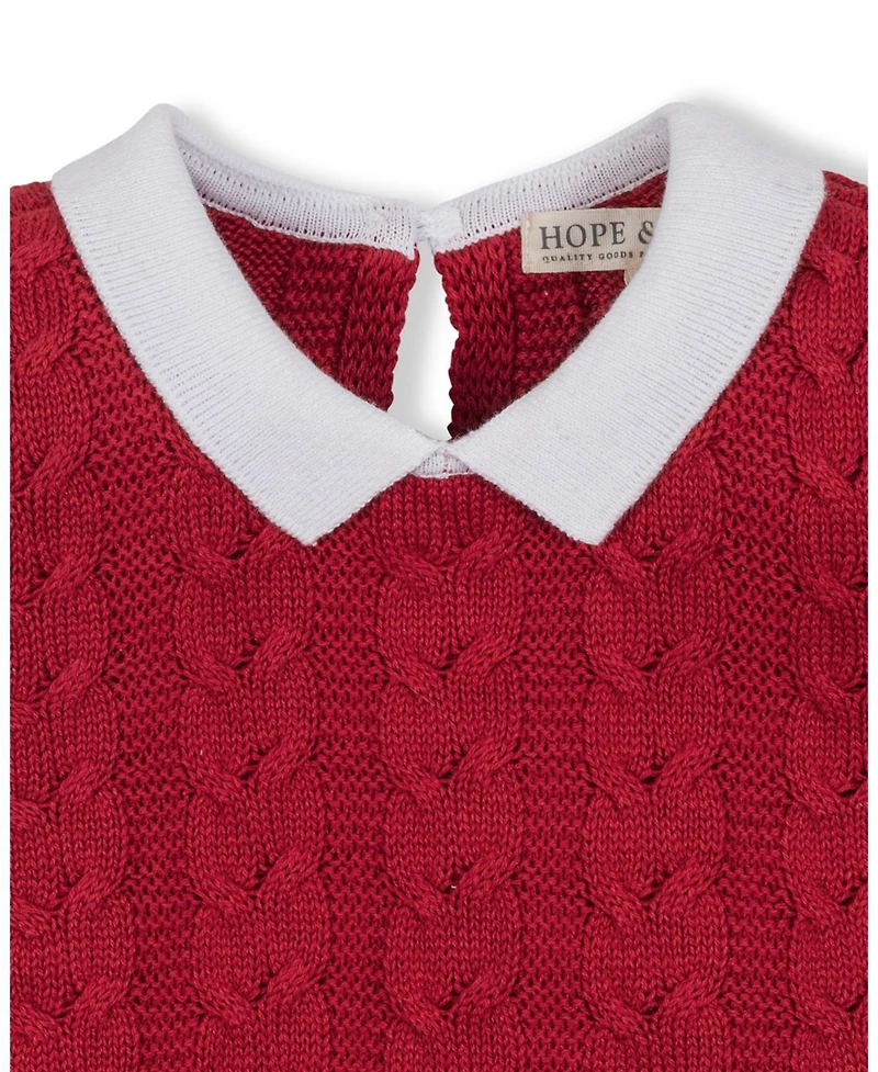 Hope & Henry Toddler Girls Organic Short Sleeve Cable Sweater Dress with Collar